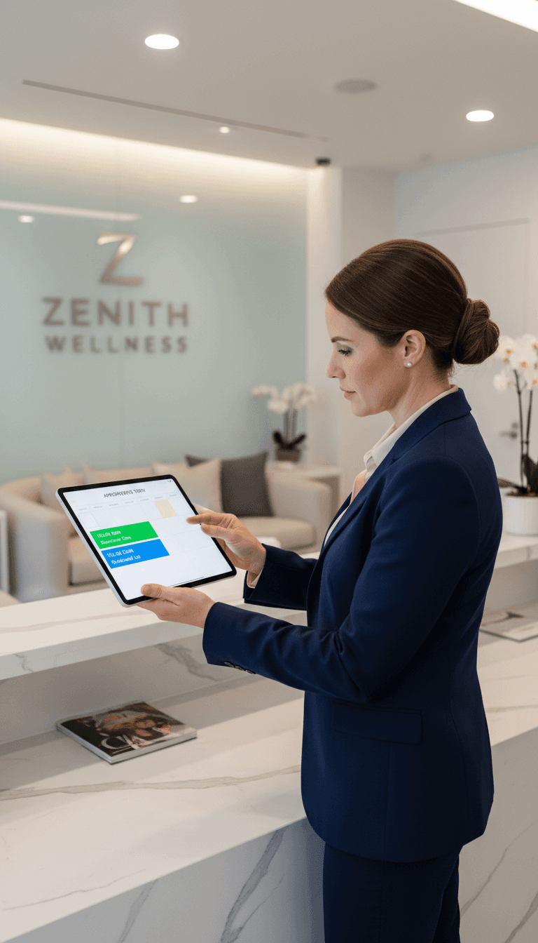 Medspa receptionist managing appointments with digital system