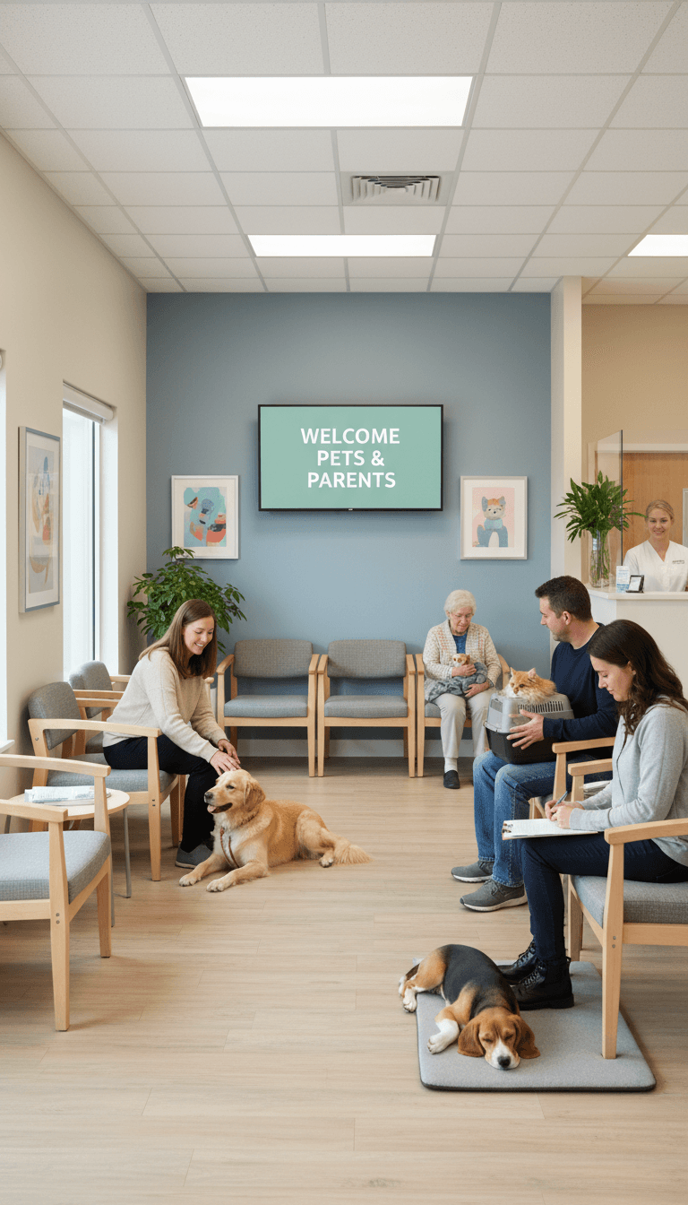 Calm veterinary clinic waiting room with pet owners