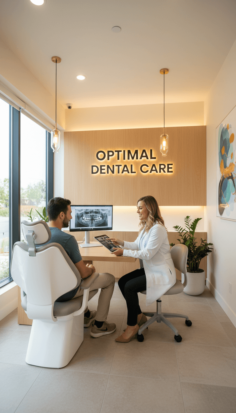 Cosmetic dentist consulting with patient in modern dental office