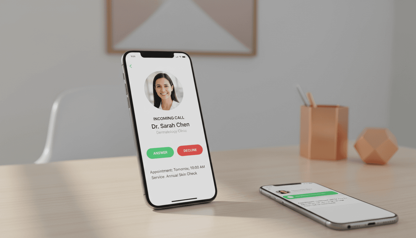 CallPilot AI receptionist app interface on smartphone showing missed call and booking automation