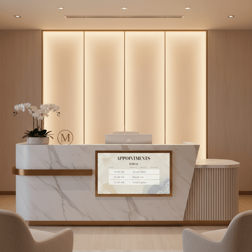 Modern medspa reception area with appointment management system