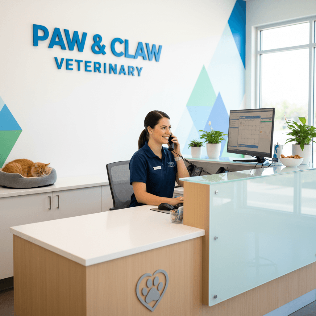 Veterinary receptionist managing calls at clinic desk