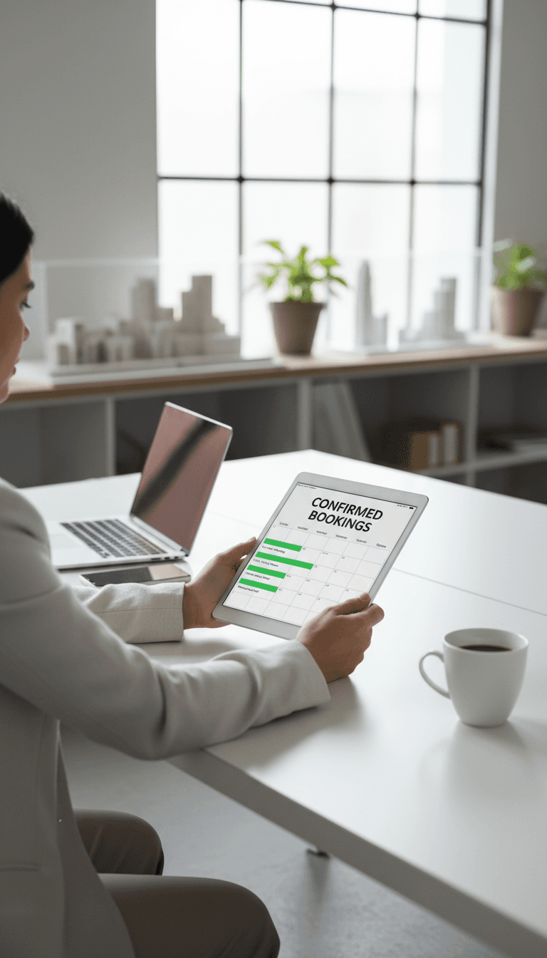 Business owner reviewing appointment bookings on tablet in organized workspace