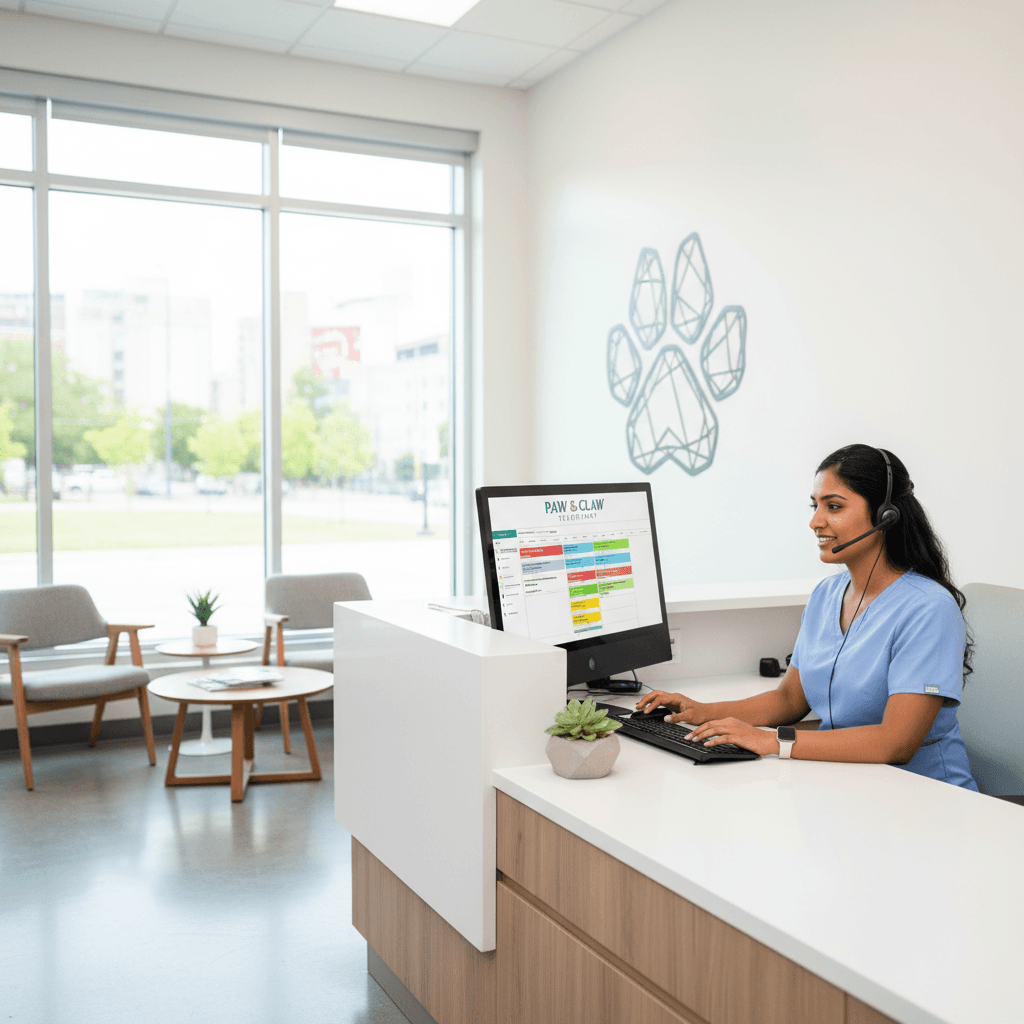 Veterinary clinic receptionist handling a call at the front desk