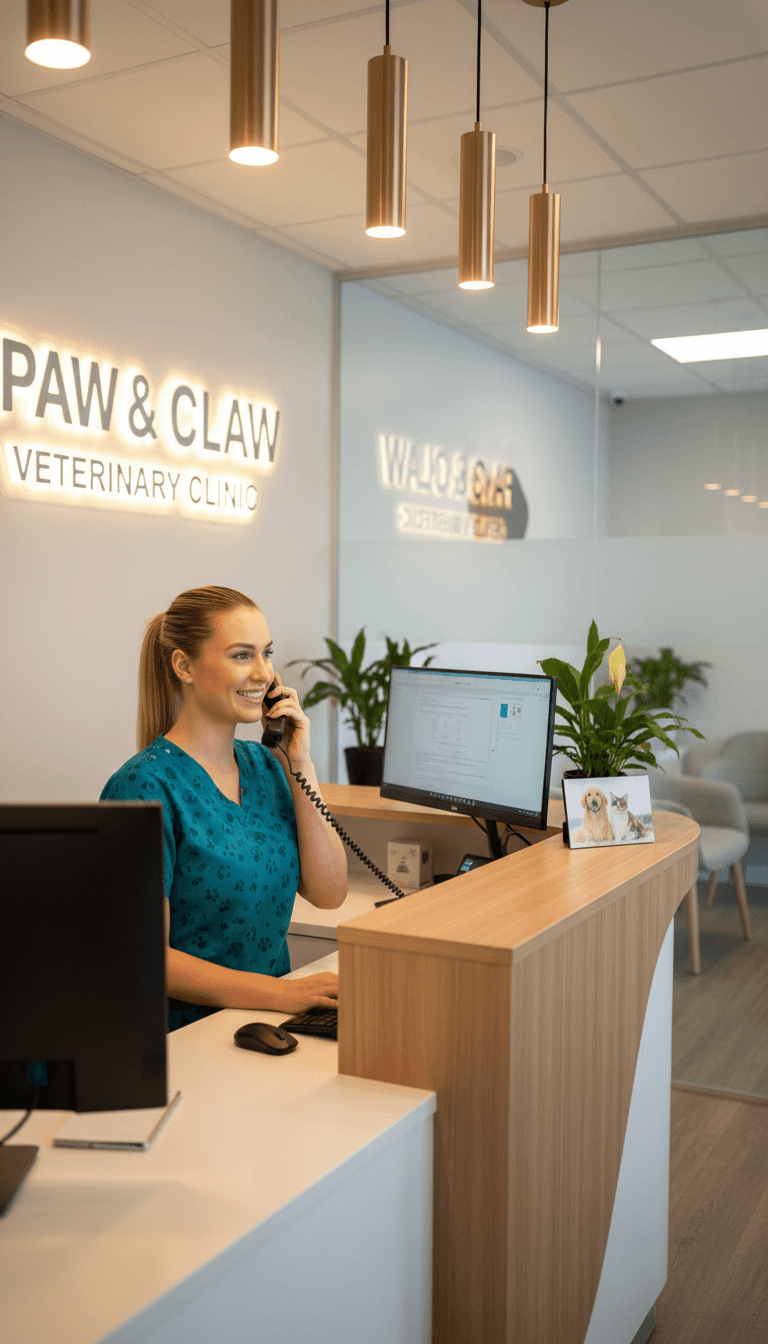 Veterinary clinic receptionist handling a call at the front desk