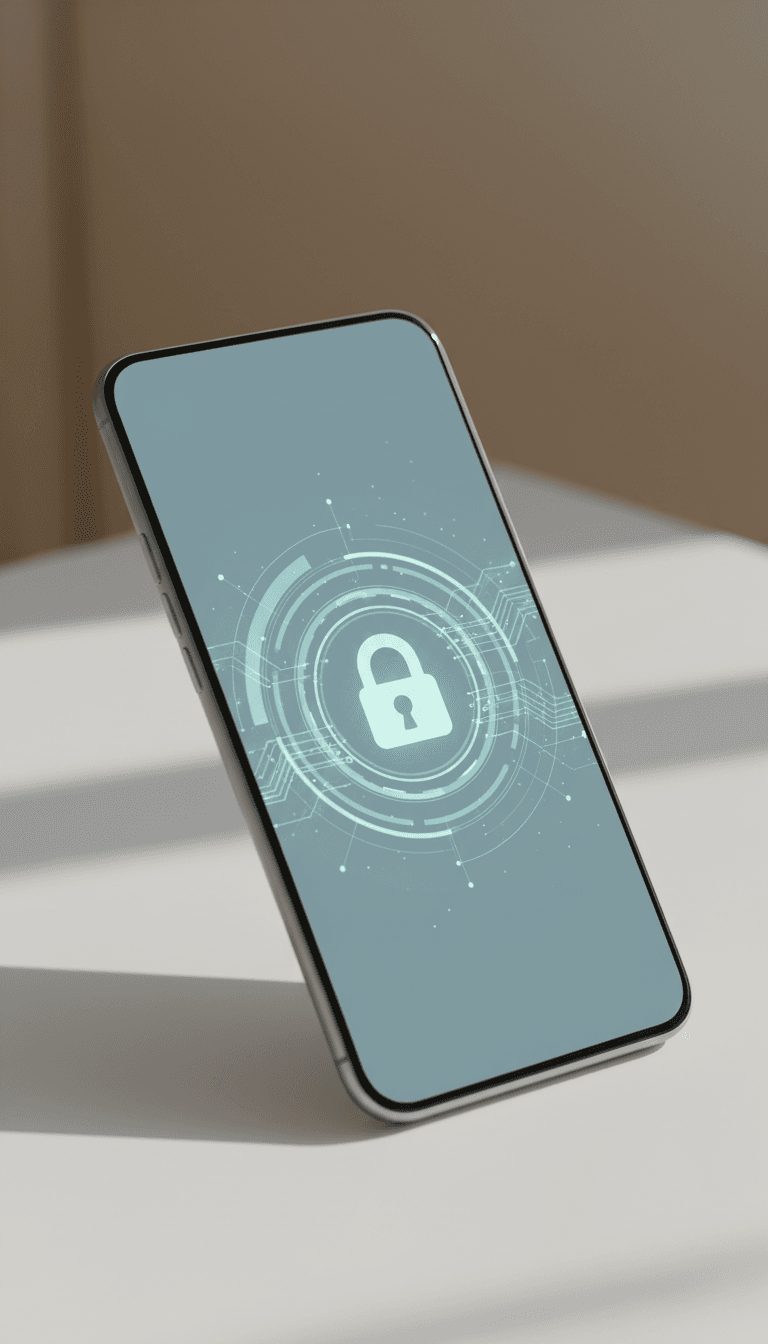 Smartphone displaying secure data protection with padlock icon and encryption visualization