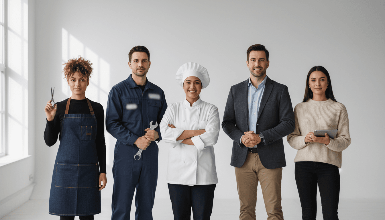 Diverse group of five professional service providers standing together in studio setting with natural lighting